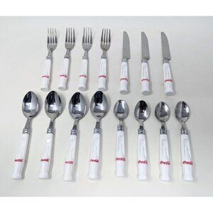 VTG Gibson Housewares White Handle Coca Cola Silverware Flatware 15 Piece Set